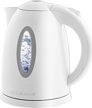 OVENTE 1.7L Electric Tea Kettle, Fast Boiling Water Heater, White KP72W | BPA-Free, Auto Shut-Off, Boil-Dry Protection, 360° Swivel Base, Cordless Serving, Clear-View Window, Removable Filter, 1100W