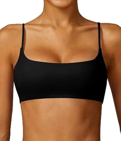 Comper Women's Sports Bra with Thin Straps Stretchy Wirefree Workout Bras Lightweight Workouts Bralette with Removable Pads (Black-S)