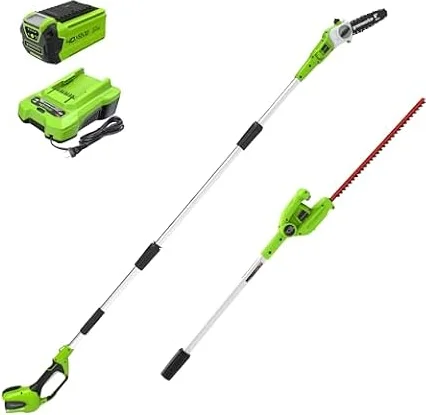 Greenworks 40V 8 in Pole Saw Hedge Trimmer Kit, 2.0 Ah Battery and Charger | Cordless, Powerful Performance, Great For Pruning and Trimming Branches, Hard to Reach Areas, Storm Cleanup