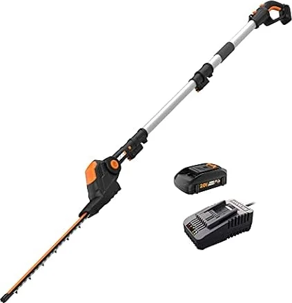 WORX Cordless Pole Hedge Trimmer, 20V 20" 2-in-1 Attachment Capable, WG252 | 20" blade, 12ft max reach;10-position head; 20V 2.0A battery & charger included; PowerShare.