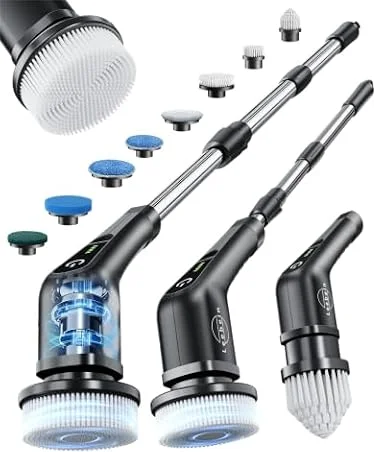 Electric Spin Scrubber, Cordless Cleaning Brush for Bathroom, Home | 8 Replaceable Brush Heads, 90Min Runtime, 54 Inch Long Handle, IPX7 Waterproof, 2 Speeds for Bathroom Cleaner