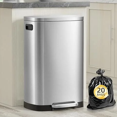 KdbK Kitchen Trash Can with Lid, 13 Gal Stainless Steel Pedal Garbage Can | 50L Fingerprint Pedal Trash Can with Removable Inner Bucket and Lid Soft Close, Rubbish Bin for Home Office, Silver