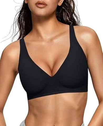 OEAK Womens Deep V Bras Wireless Comfortable Bra Supportive No Underwire Bras Tshirt Push Up Bralettes Plunge Seamless Bra Black M