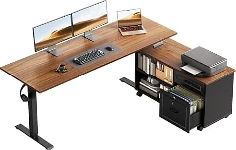 OffiGo 55" L Shaped Electric Standing Desk with Cabinet Sets, Walnut/Black | Mobile Drawers & File Cabinet Sets for Flexible Layout, Height Adjustable Executive Stand Up Desk for Home Office Workstation