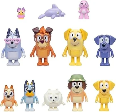 Bluey Super Fan Figurines Set, 12-Character Figure Pack | 9 fully articulated mini figures incl. Bluey, Bingo, Joff & Pom Pom; toddler figurine toys ages 3+