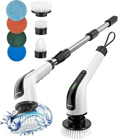 Electric Spin Scrubber, Power Shower Cleaning Brush with Long Handle | Cordless Cleaning Scrubber, 7 Replaceable Brush Heads, 90Mins Work Time, 3 Adjustable Size, 2 Speeds for Bathroom Cleaner