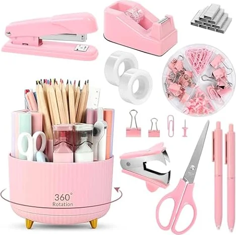 SKYDUE Pink Desk Accessories 11Pcs with Rotating Pen Holder for Desk | Included Stapler with Staples, Staple Remover, Tape Dispenser,2pcs Tape Refills, Binder Paper Clips Kit, Scissor, 2pcs Pens