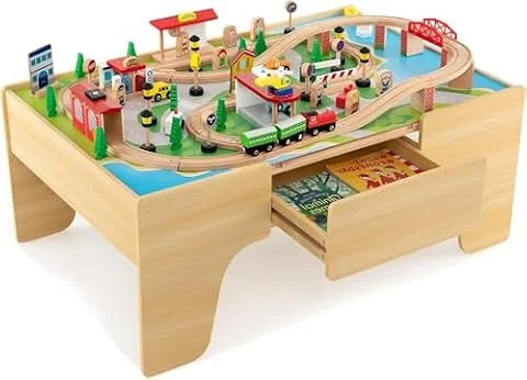 Costzon Train Table, 3-in-1 Wooden Train Set Table w/Reversible 84 PCS Track Train Toys, Table Map & Storage Drawer for Building, Playing, Studying, Kids Activity Table for Toddlers Aged 18 M+