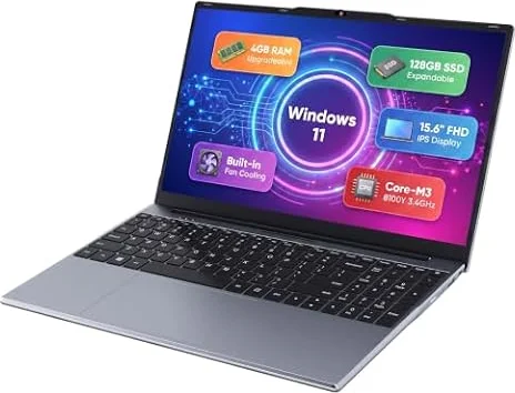 OTVOC 15.6 inch Laptop, Core 8100Y, 4GB So-Dimm RAM, 128GB SSD, Windows 11 | Upgradeable RAM+SSD, 15.6" FHD IPS Display, 2MP Webcam, Cooling Fan, Type-C&HDMI, For Study, Daily Office Work