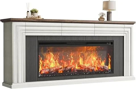 PRAISUN 70'' Fireplace TV Stand with 42'' Electric Fireplace, Farmhouse TV Stand for 65 75 Inch TV, Entertainment Center TV Console with 3 Drawers, Fluted Design, for Living Room, Distressed White