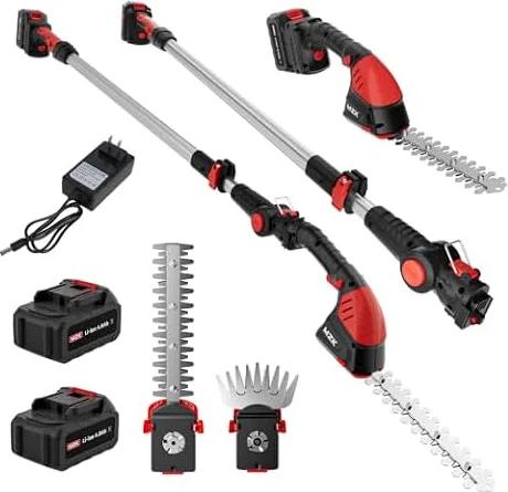 MZK 20V 2-in-1 Pole Hedge Trimmer & Grass Shear,13ft Reach, 2x4Ah Batteries | Multi-angle cutting head with extension pole for hedges, grass shearing, shrubs, and yard care.