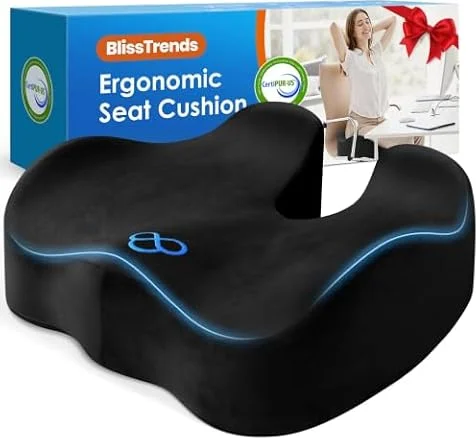 BlissTrends Memory Foam Seat Cushion for Office Chair & Car Seat, Black | Ergonomic Tailbone & Sciatica Support with Removable Velvet Cover for Pressure Relief and Long Sitting Comfort, 3.3" Thick