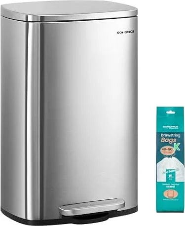 SONGMICS 13 Gallon (50 L) Trash Can, Stainless Steel, Step-On Pedal | Kitchen Garbage Can, Recycling or Waste Bin, with Soft Close Lid, Removable Inner Bucket, Silver ULTB050E01