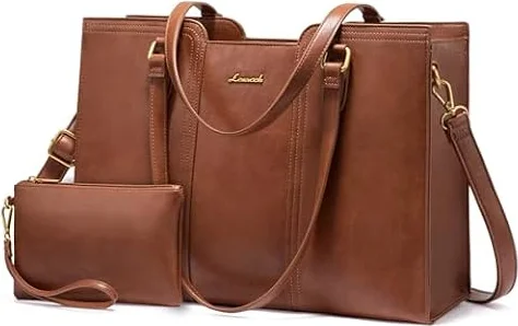 LOVEVOOK 15.6 inch Laptop Bag for Women - Waterproof Work Bag for Women & Vintage Laptop tote Bag with Wristlet, Brown