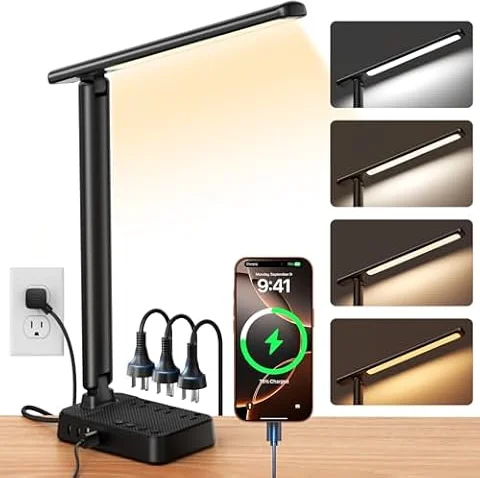 LED Desk Lamp with Power Strip, 3 AC Outlets, 4 USB Ports, Stepless Dimming | 2800K-6500K Color, 2 USB-C, Foldable Design, Timer & Memory, Study, Home Office & College Dorm