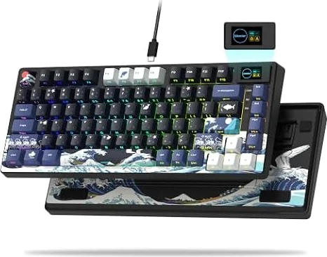 Womier SK80 75% Keyboard with Color Multimedia Display Gaming Keyboard | Creamy Sound Mechanical Wired Hot Swappable Gasket RGB Custom Key board, Pre-lubed Stabilizer for Mac/Win, Black Kanagawa