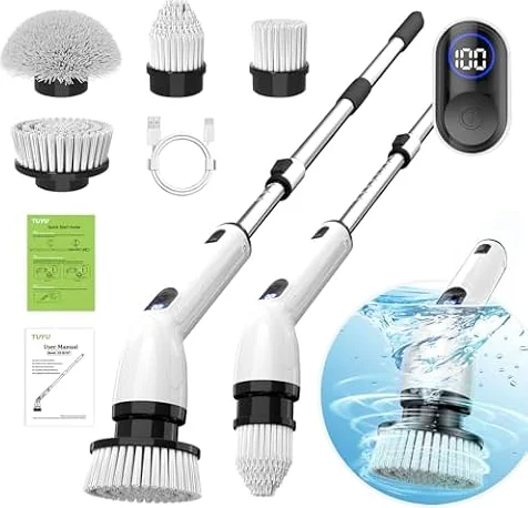 TUYU Electric Spin Scrubber, Cordless Cleaning Brush for Bathroom,Home | IPX7 waterproof power scrubber with LCD display, multi heads, extendable handle, 90min runtime for bathroom kitchen glass car