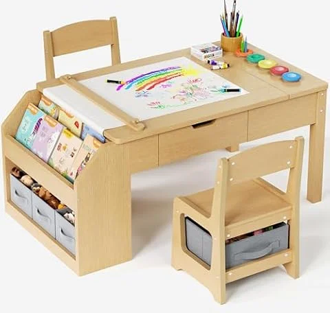 5-in-1 Kids Art Table and Chairs, Toddler Table and Chair Set, Craft Play Desk for Kids, Convertible Art Easel with Paper Roll Holder & Storage Drawers, Children Activity Learning Center - Nature Wood