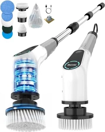 Dovety Electric Spin Scrubber, Extendable Handle, 8 Brush Heads-WH | 90-minute long runtime, Type-C fast charging, multi-scene cleaning tool for shower, bathtub, tile and bathroom scrubbing