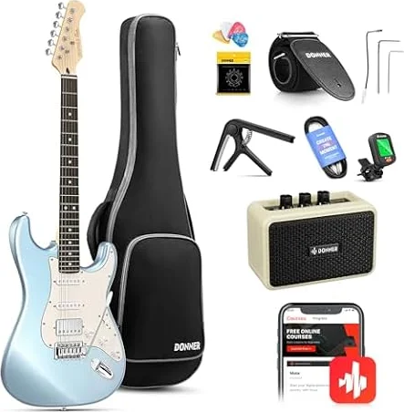 Donner DST-152R Electric Guitar Kit for Adults from Beginners to Advanced | HSS Pickup Coil Split, Full-size Solid Body with Amp-Headphone Jack, Complete Starter Accessories, Metallic Ice Blue