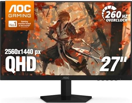 AOC 27" Gaming Monitor QHD 260Hz Overclocked IPS NVIDIA G-SYNC Q27G41ZE | 2560×1440 Computer Monitor, 240Hz Native / 260Hz OC, NVIDA G-SYNC Compatible, 0.3ms, HDR, VESA, Audio Out, 3-Yr Warranty