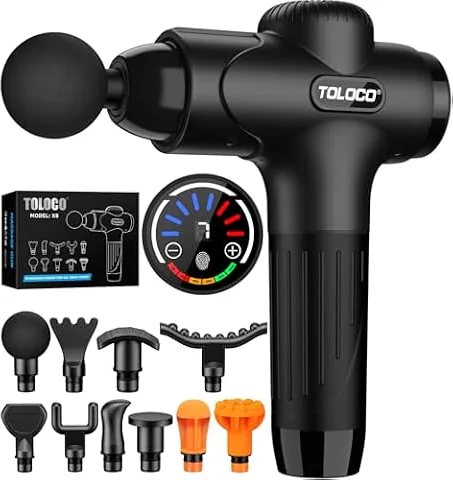 TOLOCO Massage Gun Deep Tissue, Percussion Massage Gun with 10 Replacement Heads, Super Quiet Portable Electric Massager for Athletes, Relax, Fathers Day Dad Gifts, Black