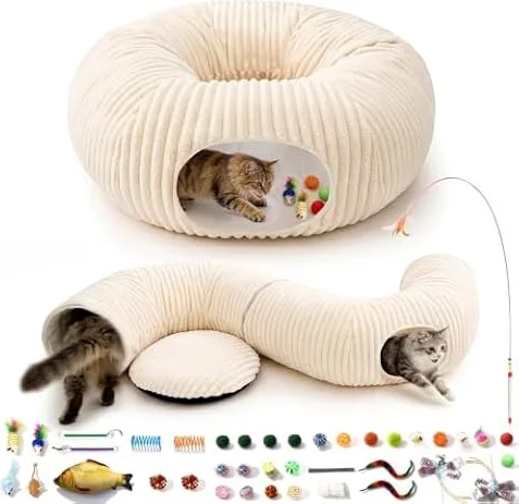 MOYMO Cat Tunnel Bed with 40 Pcs Interactive Cat Toys, White | Cat Tube with Kitten Toys for Indoor Kittens, Collapsible Play Tunnel under Christmas Tree, Cat Gifts