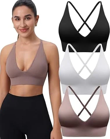 Women's V Neck Sports Bras, Adjustable Seamless Wireless Padded Bralettes | Removable Pads, Convertible Straps, Supportive, A-D Cup, 2 Way Back, Triangle Cup, Bras Set, For Yoga Pilates Workout Gym