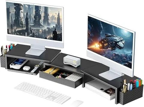 gianotter Dual Monitor Stand Riser With Drawer and 2 Pen Holders | Desk Organizer and Accessories Computer Monitor Stand, Desk Shelf for Top of Desk (Black)