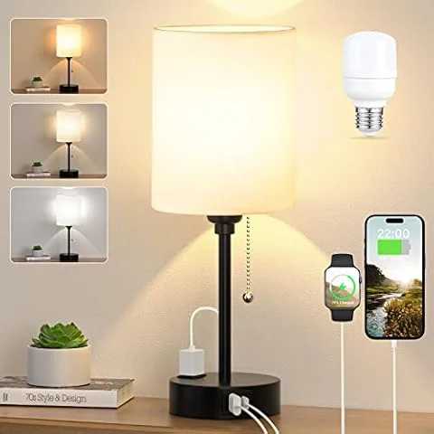 Dicoool Bedside Table Lamp for Bedroom - Small Desk Lamp with USB Ports | USB A+C Ports, AC Outlet, 3 Color Temperatures, LED Bulb Included, White Fabric Shade, Black Metal Base, 14" Nightstand lamp