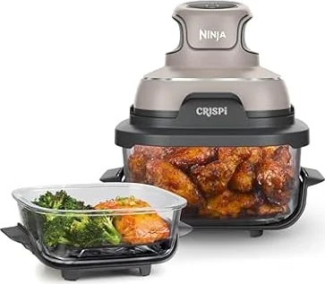 Ninja Crispi Glass Air Fryer, 4-in-1, Stone, FN101ST | Max crisp, bake, air fry, recrisp, 450F max, 4 Qt and 6 Cup containers, PFAS-free glass