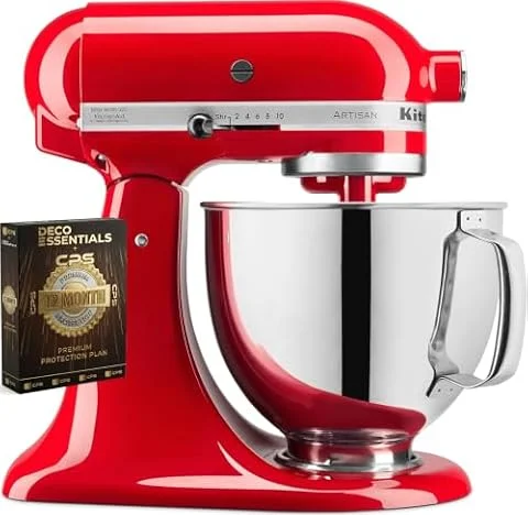 KitchenAid Artisan Series 5 Quart Tilt Head Stand Mixer with Pouring Shield KSM150PS, Cherry Tomato Bundle with Deco Essentials Exclusive CPS 1 Year Extended Protection Pack