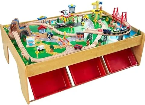 KidKraft Waterfall Mountain Wooden Train Set & Table; 120 Pieces, 3 Bins | Activity Table, Tracks, Train Cars & Storage Included; Working Crane; Room for Multiple Kids, Gift for Ages 3+