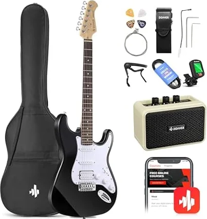 Donner DST-100B 39 Inch Electric Guitar Beginner Kit | Solid Body Full Size Black HSS for Starter, with Amplifier, Bag, Digital Tuner, Capo, Strap, String,Cable, Picks