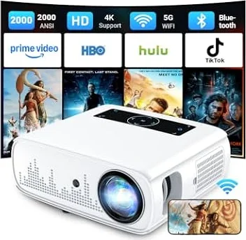 NICPOW 2000 ANSI Lumens Projector with WiFi and Bluetooth, 4K Supported, 300'' & Zoom Home Movie Projector for Indoor/Outdoor, Compatible with HDMI USB/ AV/ Smartphone/ Pad/ Laptop/ DVD/ TV Stick/ PS5
