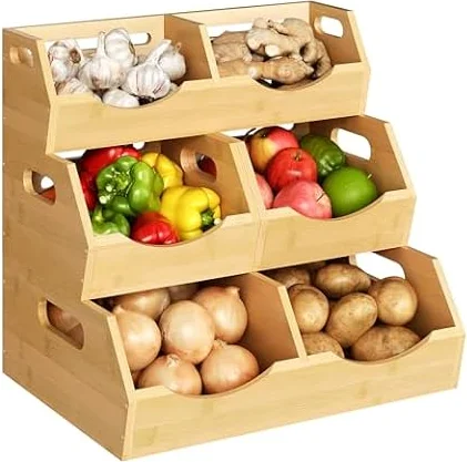 Onion Storage Bins Potato, 3 Tier Bamboo Pantry Storage Bin Stackable Ventilated Kitchen Organizer for Pantry, Countertop, Bathroom, Space-Saving, Easy Access Handle Natural Brown(Assembly Required)