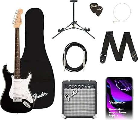 Fender Squier Debut Stratocaster Beginner Electric Guitar Kit, Black | Starter pack with Frontman 10G amp, padded gig bag, guitar strap, free lessons, 2-year warranty