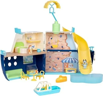 BLUEY Cruise Ship Playset with Slide, 15+ Accessories, 2 Figures | Opens to 23.8 inches wide with 5 play areas, detachable speedboat, parasail, and sticker sheet for doll playsets