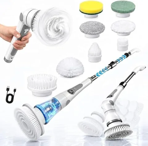 Electric Spin Scrubber, Cordless Shower Scrubber Brush with 8 Heads | Adjustable Handle for Tub, Tile & Grout Cleaning. LED Display, 3 Speeds, 90-min Runtime, Full IPX7 Waterproof Body