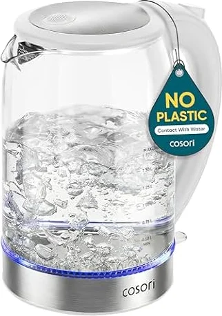 Cosori Electric Kettle, No Plastic Contact with Water, 1.7L, White | Wide Opening, Easy to Clean, Auto Shut-Off, Boil-Dry Protection, Tea Kettle, Hot Water Boiler, Borosilicate Glass, 1500W