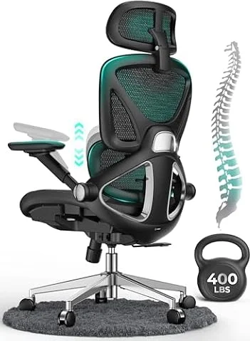 CAPOT Ergonomic Mesh Office Chair, Adjustable Lumbar High Back Desk Chair 400lbs, 4D Flip-up Arms, 3-Level Tilt Backrest, 3D Headrest, PU Wheels, Swivel Rolling Computer Chair for Long Desk Work