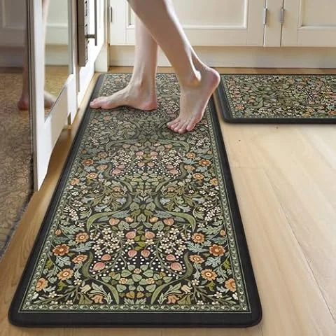 Collive Kitchen Mats for Floor, Kitchen Rugs Sets of 2 Non Slip Washable | Kitchen Mats Cushioned Anti Fatigue 2 Piece, Black Sink Rug Waterproof Laundry Room Rug, Comfort Standing Desk Mat for Office
