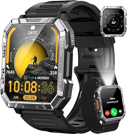Military Smart Watch for Men with 100-Day Standby/Flashlight/Compass | 2 Straps/Heart Rate/Sleep Monitor,120 Sport Modes,Answer/Make Calls, IP68 Waterproof,Rugged Smartwatch for iPhone/Android