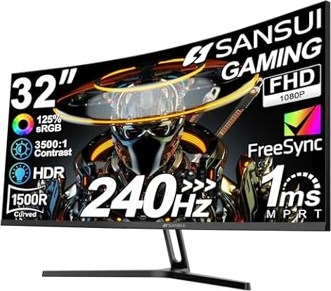 SANSUI 32 Inch Curved 240Hz Gaming Monitor High Refresh Rate, FHD 1080P | Gaming PC Monitor HDMI DP1.4, 1500R Curvature, 1Ms MPRT, HDR,Metal Stand,VESA Compatible(DP Cable Incl.)