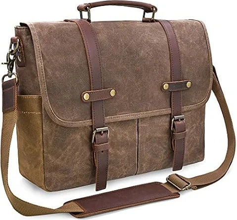 NEWHEY Mens Messenger Bag 15.6 Inch Business Office Work Briefcase Brown | Waterproof, Vintage Genuine Leather, Waxed Canvas, Large Satchel Shoulder Bag, Rugged Leather Computer Laptop Bag