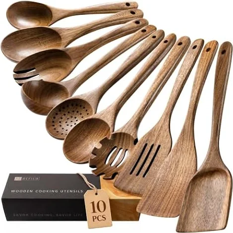 Hefild Wooden Spoons for Cooking, 10-Piece Acacia Wood Cooking Utensil Set