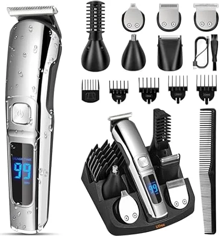Ufree Beard Trimmer for Men, Waterproof Electric Razor, Grooming Kit | Stainless Steel Blades, Six Interchangeable Heads, Wet And Dry Use, USB Rechargeable, for Face Body Nose Ear Trimming, Silver