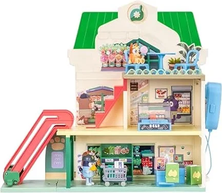 Bluey and Bingo Supermarket Playset, Escalator & Sounds, 15 Pieces | 3 interactive levels, rooftop café, 24 sound effects, exclusive Bingo & Bluey figures; pretend play for kids ages 3+
