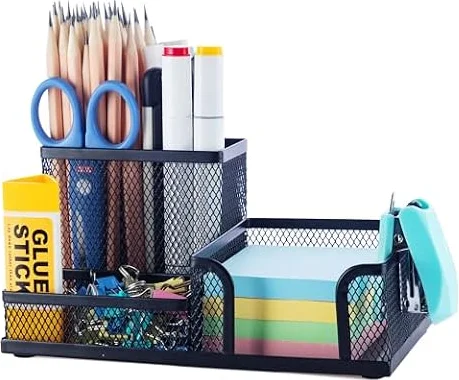 M&G Mesh Pen Holder Desk Organizers Pencil Holder for Desk Black, 3 Compartments Metal Office Supply Organizer with Sticky Notes Holder for School Home Office