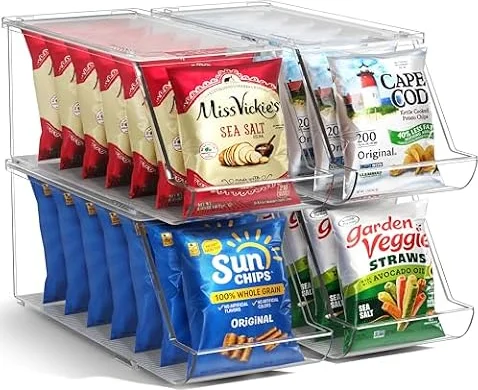 Sorbus Snack Organizer for Pantry, Clear Stackable Chip Bins (4 Pack) | Kitchen organization starts with open-front access for food pouches and packets, keeping contents visible and easy to reach.